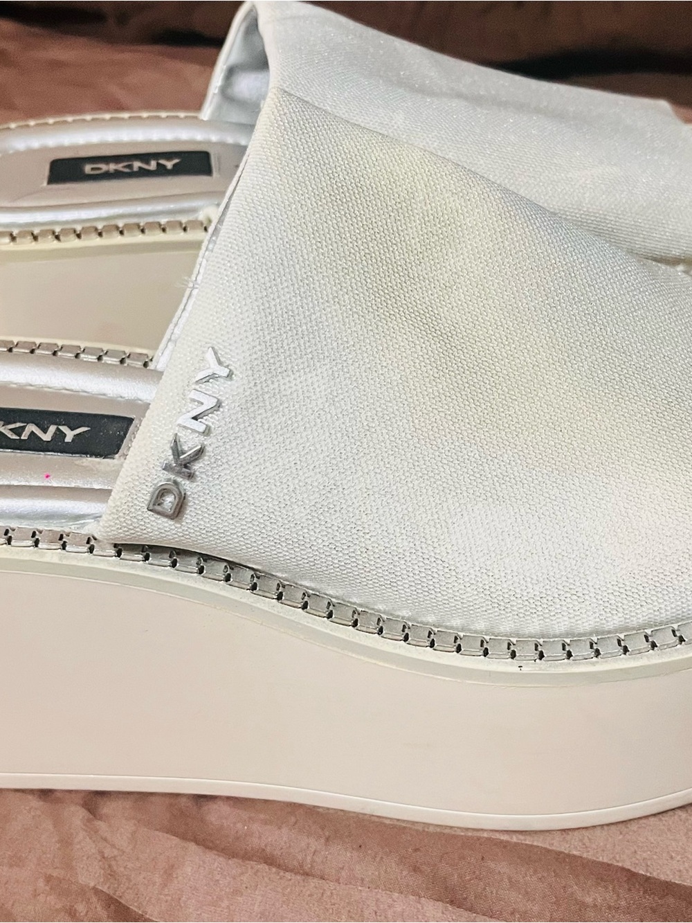 DKNY White Platform Mule Slides with Logo Accent